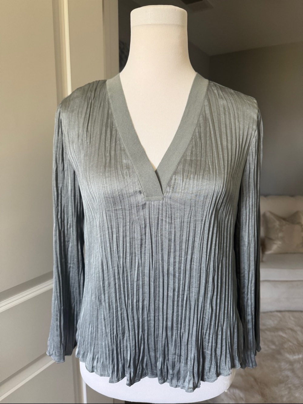 NWT Vince Plisse V-Neck Evening Dress Blouse Slate Blue XXS